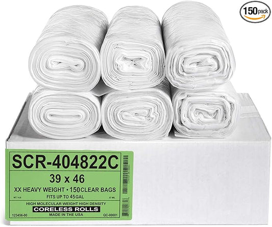 Aluf Plastics 45 Gallon 22 Micron (eq) Premium Clear Trash Bags - 39" x 46" - Pack of 150 - For Office, Kitchen, Bathroom, Commercial, Janitorial, Industrial, & Hospitality