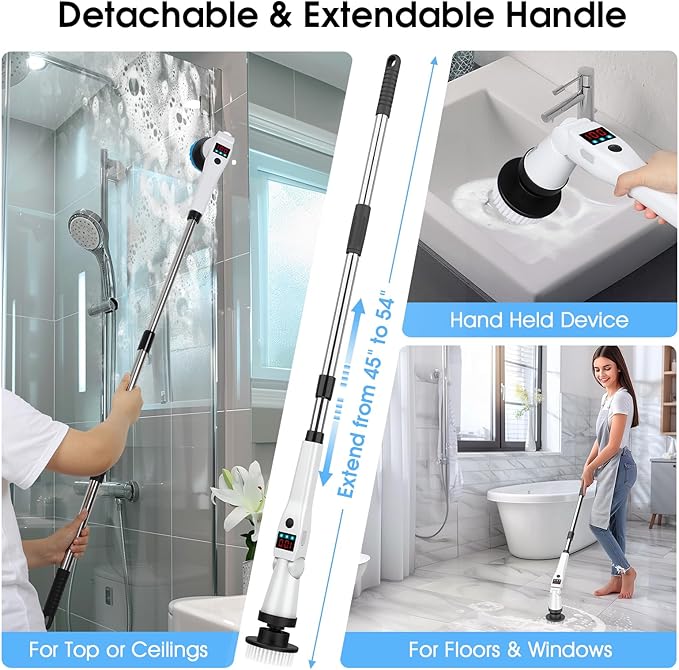 Electric Spin Scrubber, Shower Scrubber with Long Handle, Rechargeable Cordless Power Scrubber, Retractable & Adjustable Angle Spin Brush for Cleaning Bathroom/Tub/Floor/Tile (Black-White+Beige)