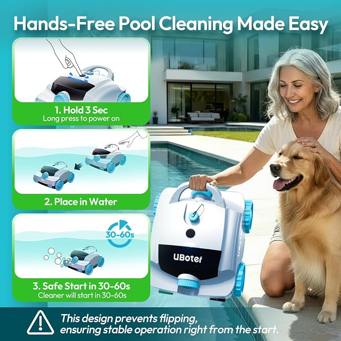 Cordless Robotic Pool Vacuum UBoter E10, Dual-Layer Filtration, Powerful Edge Corner Cleaning, 120–150 Mins Runtime, Auto Parking, No Debris Leakage, for Above Ground Flat Bottom Pools Up to 860 Sq.Ft