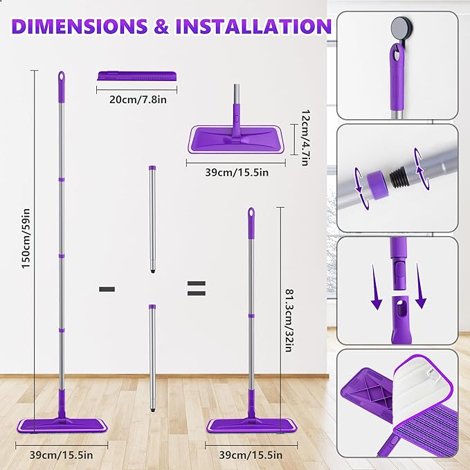 Microfiber Mops for Floor Cleaning - BPAWA Flat Floor Mop with 8 Reusable Washable Mop Pads fit for Swiffer Powermop Kitchen Wet Dry Dust Mop for Hardwood Laminate Wood Tile Ceramic Vinyl Wall Floors