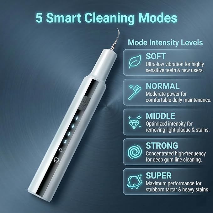 Plaque Remover for Teeth, ARISSON Ultrasonic Tartar Remover, Dental Cleaner with LED Light, 5 Modes Teeth Cleaning Tool, Rechargeable Dental Pick with 2 Replaceable Heads for Home & Travel