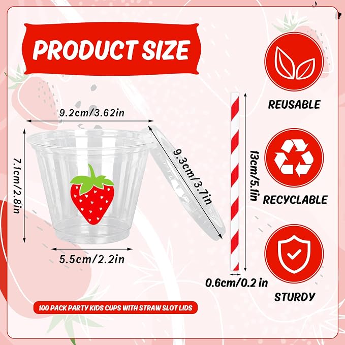 Whaline 100Pcs Strawberry Disposable Plastic Cups with Lids and Straws 9oz Party Cups Red Strawberry Cold Beverage Drinking Cups for Iced Coffee Smoothie Juice Tea