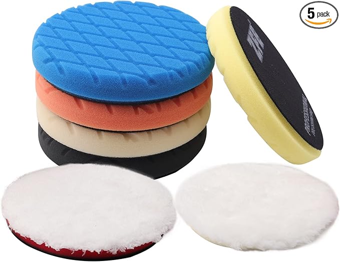 Buffing Polishing Pads, ZFE 7Pcs 5"(125mm) Waffle Foam Buffing Pads Polishing Pads Wool Pad Kit for 5Inch Backing Plate RO/DA/GA Car Polisher Boat Compounding, Polishing and Waxing