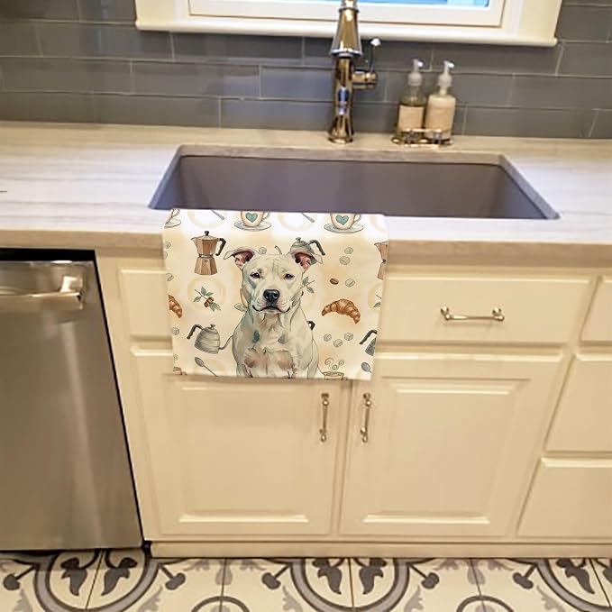 Caroline's Treasures White American Staffordshire Terrier Coffee Bar Kitchen Towel Velour Plush Front and Cotton Loop Back Machine Washable