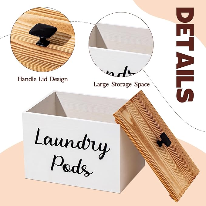 Dandat 3 Pcs Wood Laundry Pods Container Dryer Sheet Holder Dryer Sheets Holder Scent Booster Container Set with Scoop Rustic Laundry Room Beads Dispenser for Storage(White)