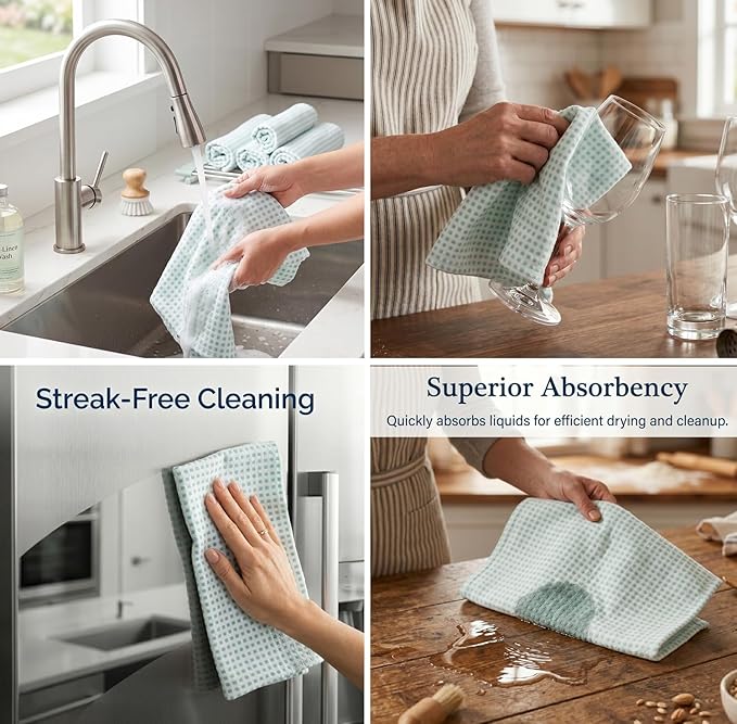 Urban Villa Christmas Dot Check Kitchen Towels Set of 6 20X30 Inches 100% Cotton Highly Absorbent Kitchen Towels Premium Quality Ultra Soft Mitered Corners Towels Aqua/White