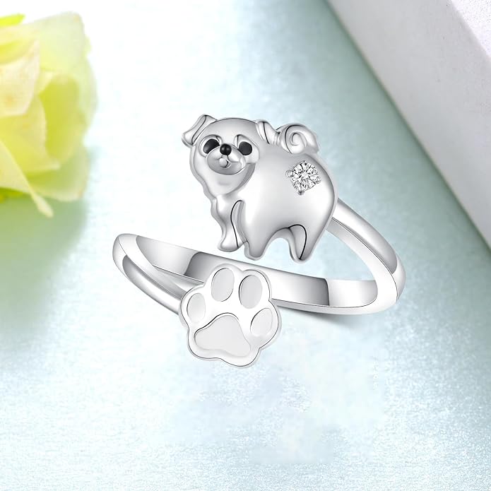 Dog Ring for Women Sterling Silver Yorkie/Pug Ring Dog Jewelry for Women
