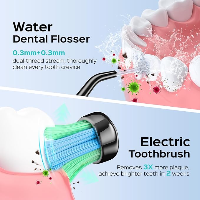 COSLUS C20 & C41 Portable Water Flosser with Electric Toothbrush Combo: 2-in-1 Oral Clean Kit for Teeth, Braces, Gums Care - Brushing & Flossing for Adults, Family, Travel Use, BPA-Free, Black