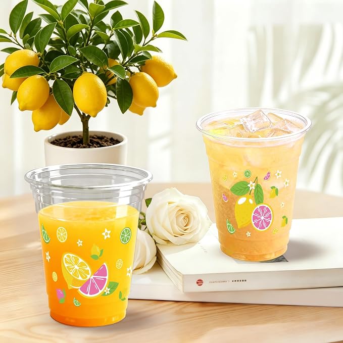 100 Pack Lemons Plastic Cups 12 oz Pink Yellow Tropical Fruit Disposable Cup Clear Lemons Summer Spring Party Favor Drinking Cold Beverage Cup for Party Supplies