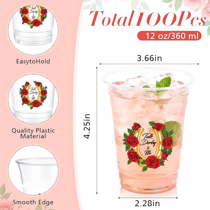 Willinglong 100 Pcs Plastic Derby Cups Bulk 16 oz Horse Racing Party Clear Thick Reusable Tumbler Cups Derby Party Supplies for Decoration Cocktails Beer Events, 4 Style