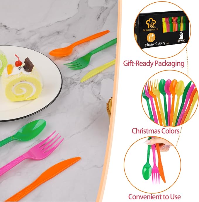 Kochorie 360 Pieces Neon Party Plastic Cutlery Set Disposable Colorful Plastic Utensils Heavy Duty Flatware Set Includes 120 Knives 120 Forks 120 Spoons for Party Birthday Wedding