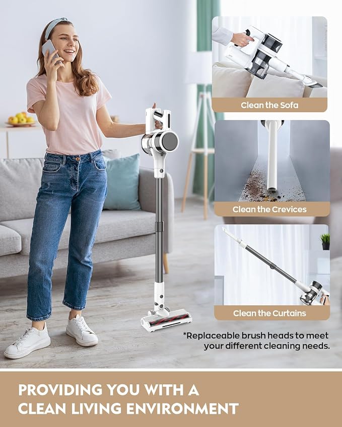 Comvtu Cordless Vacuums, 80,000PRM Powerful Motor Vacuum Cleaner and 2200mAH Rechargeable Battery up to 35 Mins Worktime, 2 Adjustable Modes, Detachable Parts, Wireless Stick Vacuum (Icicle White)