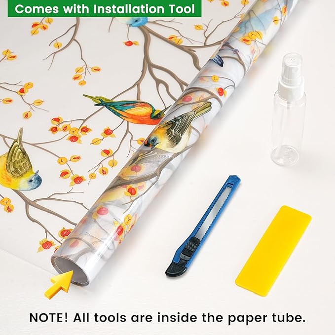 DKTIE Window Privacy Cling Film with Installation Tools, Stained Glass Opaque Non-Adhesive Frosted Bird Coverings Removable for Bathroom Shower Door Frosted (S3533, 29.5in X 118.1in)