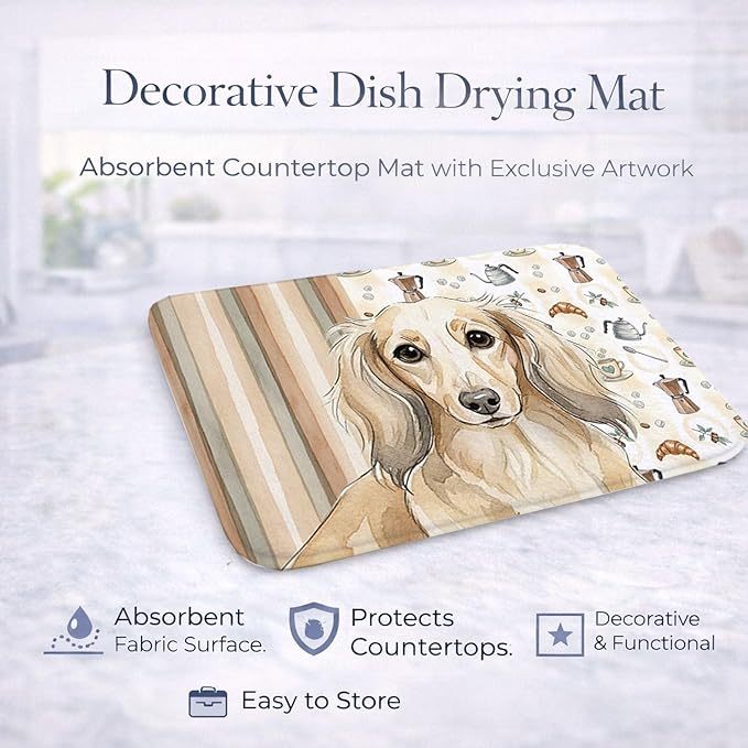 Caroline's Treasures Longhaired Cream Dachshund Coffee Bar Dish Drying Mat Absorbent Dish Drying Mat Pad for Kitchen Counter Dish Drainer Mat for Countertop, 14 x 21", Multicolor