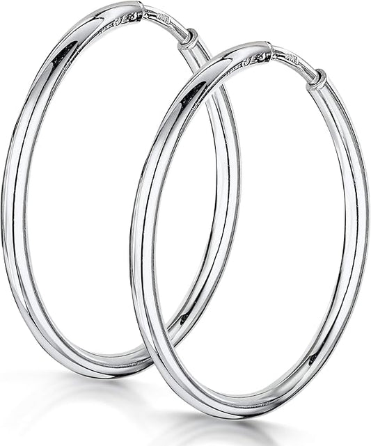 Amberta® 925 Sterling Silver Fine Circle Endless Hoops - Polished Round Sleeper Earrings Diameter Size: 20 30 40 60 75 mm