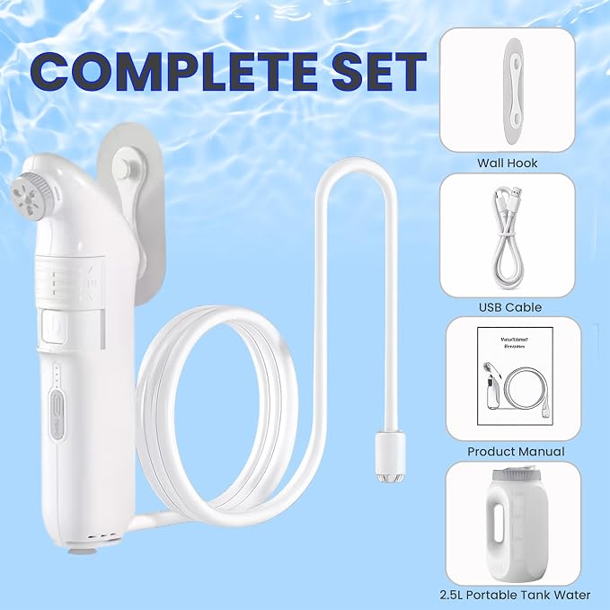 2Clean Portable Bidet - Travel & Home Use High Pressure Sprayer, USB Rechargeable Hygiene Device for Toilets with 2.5L Container, Variable Intensity, Lightweight Design, Wall Bracket Included