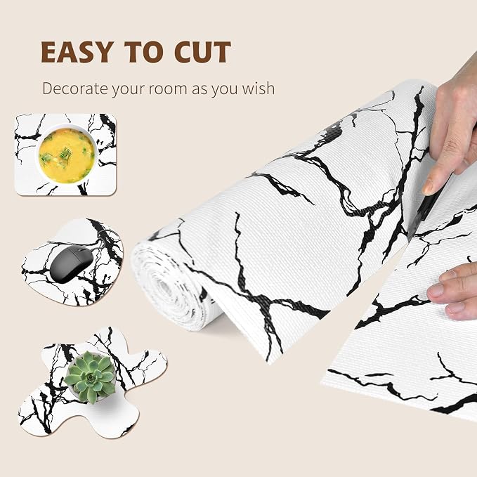 2-Layer Drawer and Shelf Liner for Kitchen Cabinet: 23.6 in X 30 Ft Non Slip Waterproof Shelf Paper Non Adhesive Refrigerator Liners White/Black Marble Easy Liners for Bathroom with Knife Tape Measure