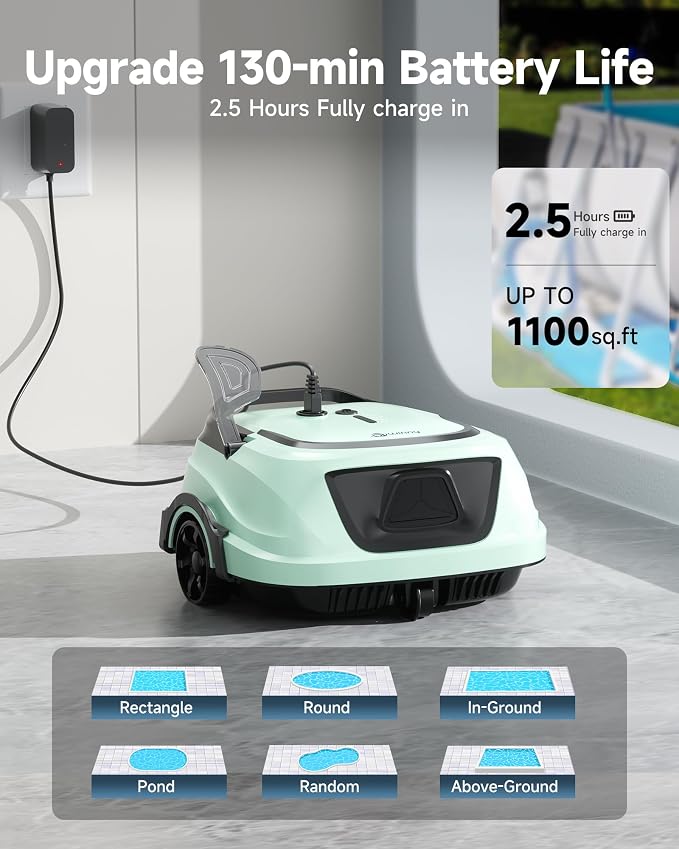 2026 Cordless Robotic Pool Vacuum for Above Ground Pools, Automatic Pool Cleaner Featuring Powerful Suction, LED Status Light & Dual‑Layer Filters, 2.5‑Hour Rapid Charging, Self‑Parking.Green