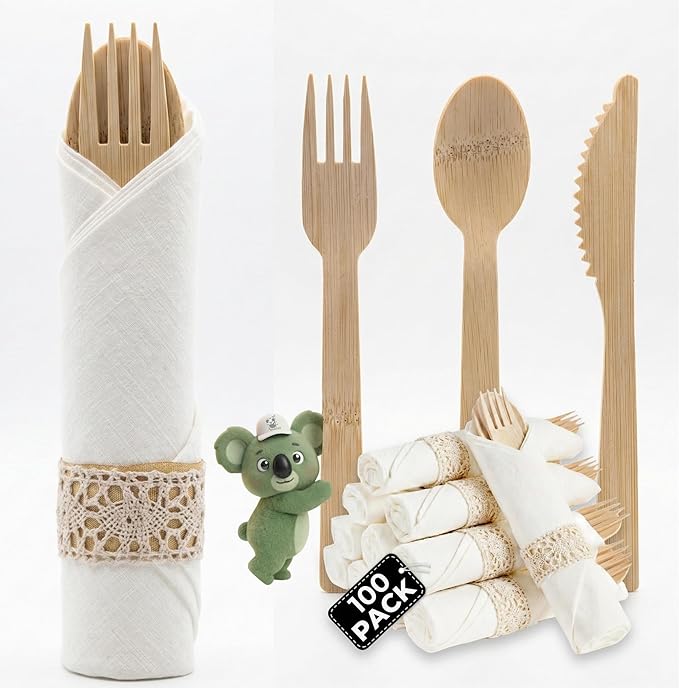 Pre Rolled Napkin and Bamboo Cutlery Set - 100 Pack Bamboo Utensils Wooden Cutlery 100 Forks 100 Knives 100 Spoons 100 Napkins, Pre Wrapped Disposable Silverware Cutlery for Party, Wedding, Events