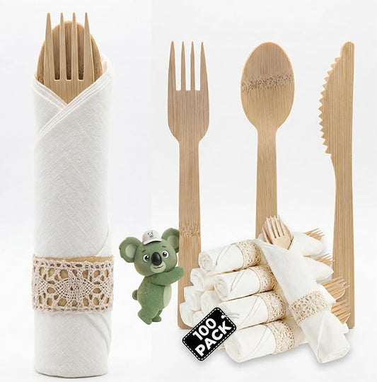 Pre Rolled Napkin and Bamboo Cutlery Set - 100 Pack Bamboo Utensils Wooden Cutlery 100 Forks 100 Knives 100 Spoons 100 Napkins, Pre Wrapped Disposable Silverware Cutlery for Party, Wedding, Events
