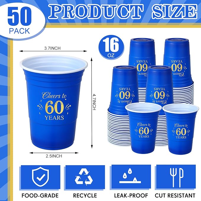 Ziliny 50 Pack 60th Birthday Cups 16 oz Cheers to 60 Years Disposable Plastic Cups Gold and Blue Birthday Party Hot Cold Drinks Tool for Party Wedding Anniversary Supplies Decorations