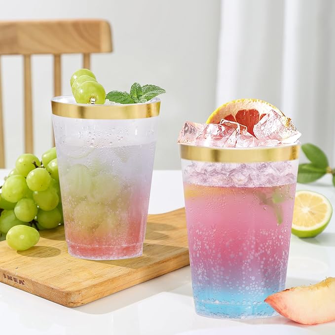 supernal 200 Pack 12oz Clear Plastic Cups with Gold Rim - Heavy Duty Elegant Disposable Party Cups, Premium Fancy Drinking Tumblers for Weddings, 2026 Graduations & Cocktail Hours