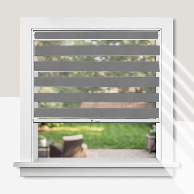 CHICOLOGY Zebra Blinds Cordless Window Shades, Dual Layer Light Filtering Roller Shades for Windows, Sheer Privacy Striped Fabric, Easy Install, 39"W x 72"H, Basic Slate