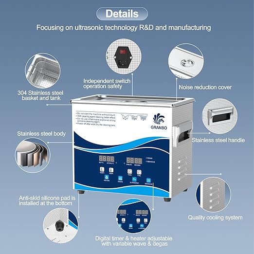 Granbo Ultrasonic Cleaner 3.2L 120W Jewelry Cleaning Ultrasonic Machine 40kHz with Heater Timer and Degassing, 110V Digital Ultrasonic Parts Cleaner for Denture Dental Oral Irrigator Parts Glasses