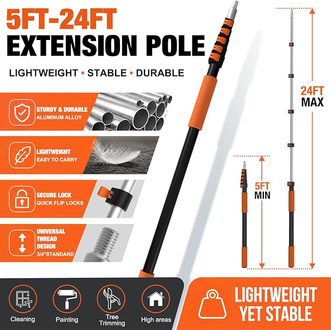 LAANPOLE Telescoping Pole, 5-24FT Aluminum Extension Pole(30FT Reach), Multi-Purpose Paint Roller for Painting, Dusting and Cleaning