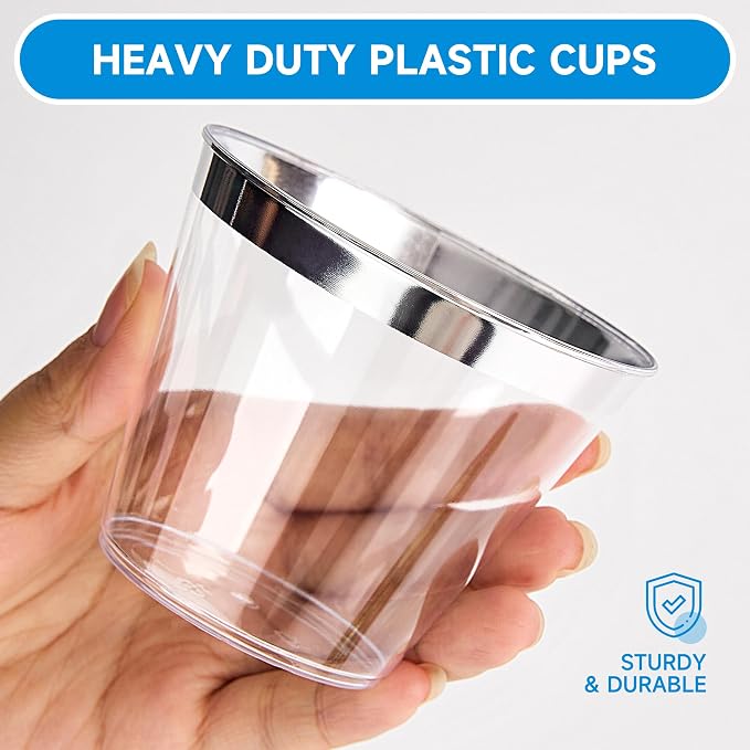 RACETOP 9 oz 200 Pack Clear Plastic Cups, Disposable Clear Plastic Cups With Silver Rim for Parties, Gatherings, Weddings, and Festival Events