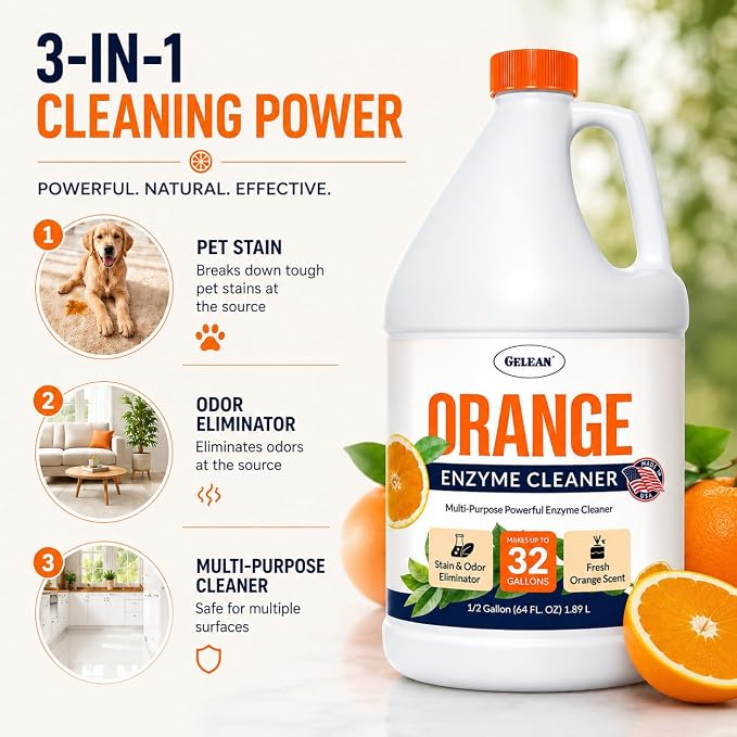 Multi-Purpose Probiotic Enzyme orange Cleaner, 1/2 Gallon (64 oz.) - Pet Stain and Odor Remover - Concentrated - Professional & Home Strength Drains, Floors, Bathrooms, Toilets Trash Can, Made in USA