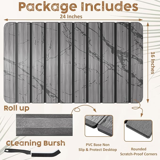 Foldable Stone Dish Drying Mat for Kitchen Counter, 24” x 16” Large Diatomaceous Earth Quick Dry Mat, Absorbent Sink Tray with Brush for Dishes, Cups, and Bottles