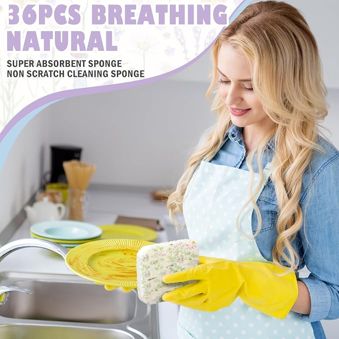Hahafelt 72 Counts Compressed Cellulose Sponges Bulk Craft Pop up Wildflower Pattern Natural Kitchen Compostable Non Scratch Dish Sponges for Washing Dishes, Cleaning Countertop Sink