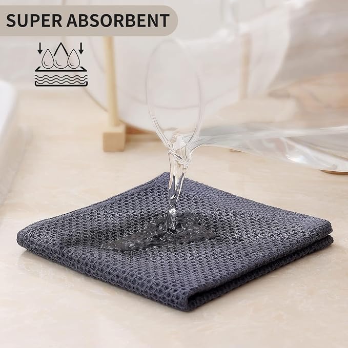 Kitinjoy 100% Cotton Kitchen Dish Cloths (12 X 12 Inches, Dark Grey), 12 Pack Waffle Weave Ultra Soft Absorbent Dish Towels for Drying Dishes Quick Drying Kitchen Towels Dish Rags