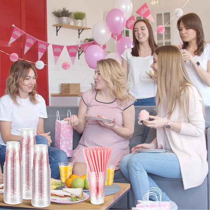 Qinyoung 100 Pcs 12 oz Pink Bow Plastic Cups with Paper Straws Pink Bowknot Cute Coquette Disposable Cups Bulk for Birthday Wedding Summer Bridal Engagement Just Wanna Be One Birthday Party Supplies