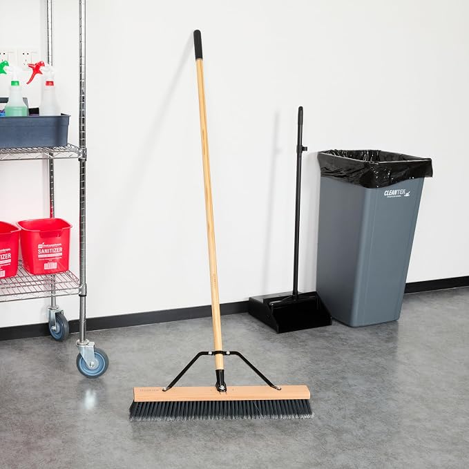 Restaurantware-Clean Tek Professional 24 Inch Push Broom, 1 Heavy-Duty Broom with 60” Handle - Medium Plastic Bristles, Durable, Wooden, Commercial Use, for Deck, Driveway, Garage, Yard, Patio