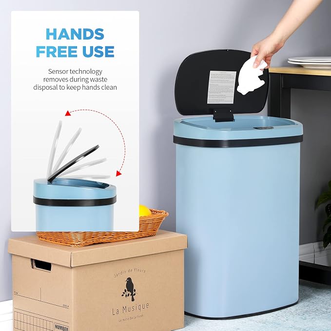 Furniture of America Verbena 13 Gallon Metal Household Trash Can with Motion Sensor Lid for Kitchen, Black
