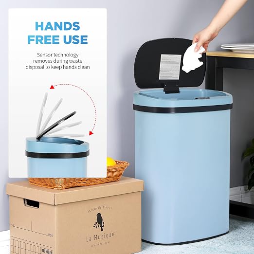 24/7 Shop at Home Freeway 13 Gallon Metal Household Trash Can Motion Sensor Lid for Kitchen, Blue