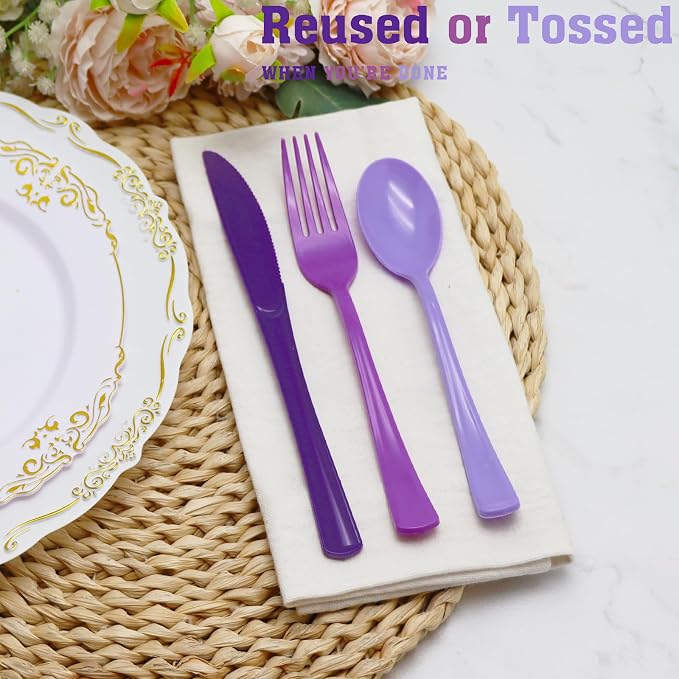 180 PCS Purple Plastic Silverware Heavy Duty Purple Plastic Cutlery Set Disposable 60 Forks, 60 Knives, 60 Spoons for Birthday, Wedding, Picnic, Baby Shower