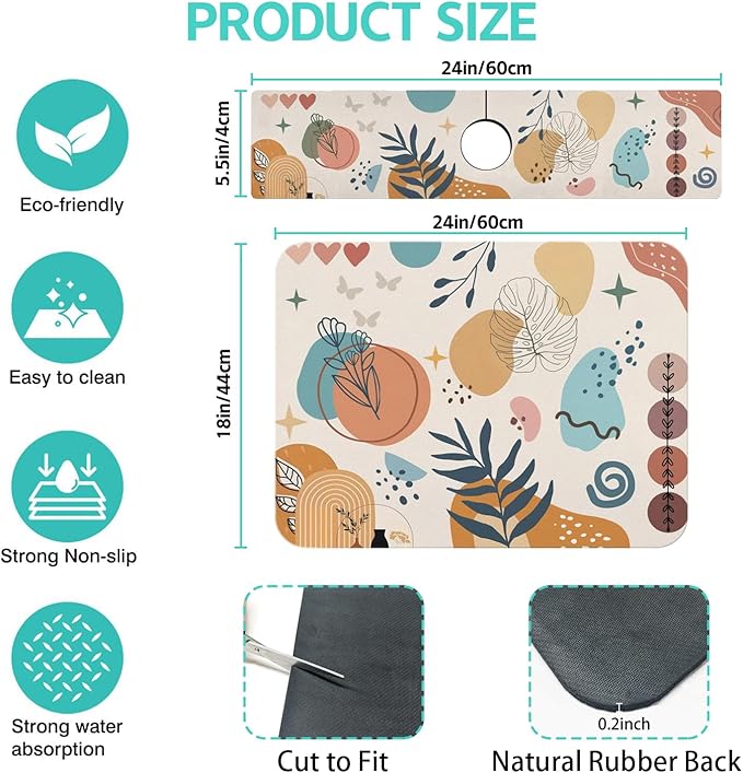 Dish Drying Mat for Kitchen Counter Matt, 2PCS 24"x18" Dish Drainer Mat & 24"x5.5" Sink Splash Guard, Super Absorbent Non-slip Rubber Backed
