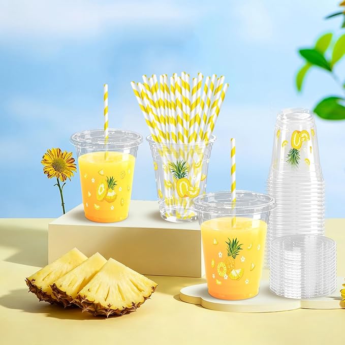 50 Sets Pineapple Plastic Cups with Lids Straws 12 oz Tropical Fruit Disposable Cups Summer Party Favor Drinking Beverage Cup for Baby Shower Birthday Party Supplies