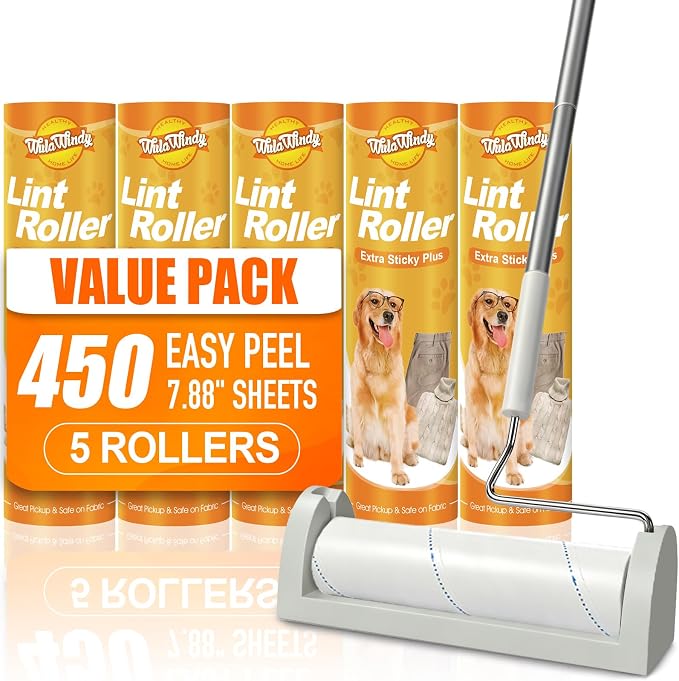 WilaWindy Long Handle Pet Hair Lint Roller, 450 Sheets, 5 Rolls