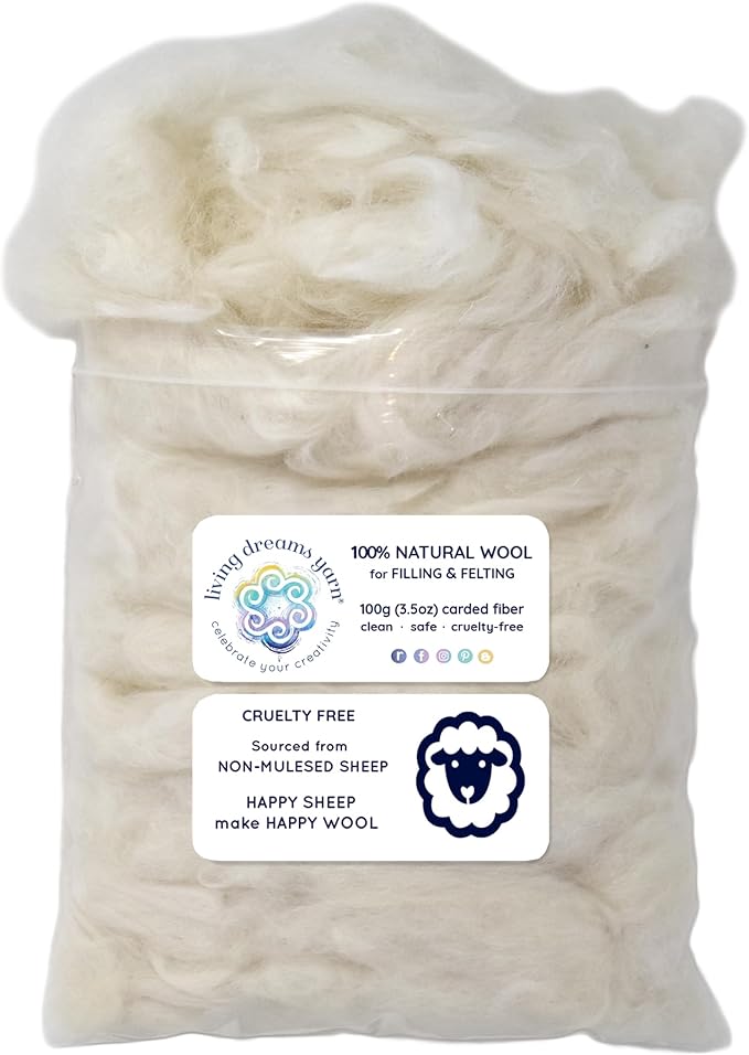 Core Wool for Needle Felting, Crochet Toys, Amigurumi Stuffing. Super Clean Wool Filler for Pillows, Stuffed Animals, Dryer Balls. 100GR, Natural White