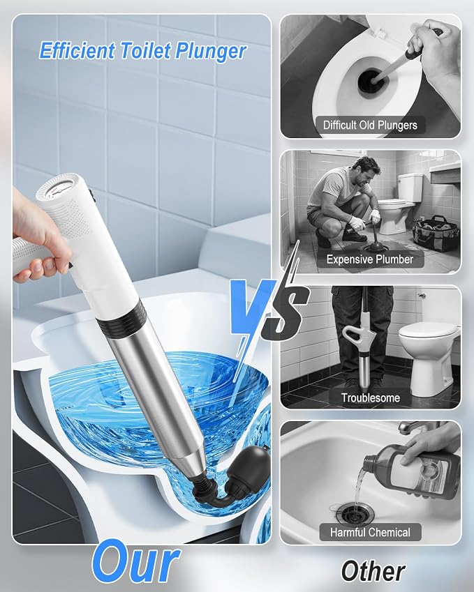 Ublue Electric Toilet Plunger, 4 in 1 High Pressure Toilet Unclogger with Multi-Purpose Heads & Automatic Inflation, Heavy Duty Drain Clog Remover for Bathroom, Washbasin and Floor Drain