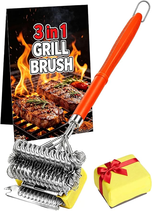 Professional 3-in-1 Grill Brush and Scraper with Safety Second Sweep Sponges - 18" Detachable Long Handle BBQ Cleaner for Heavy Duty Grime - Ideal Father's Day Grilling Gift for Men (Orange)
