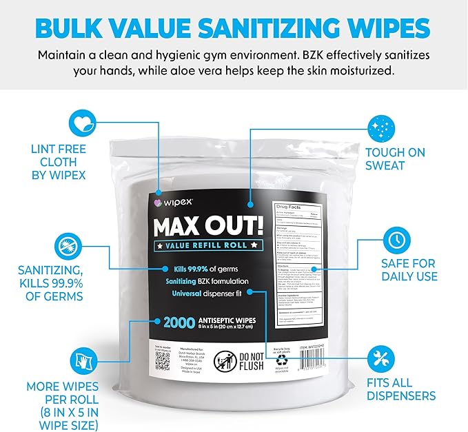 Wipex Max Out Sanitizing Wipes for Fitness Centers - 2000 Wipes Per Roll, Pack of 2, Economy Size Refill Rolls for Dispensers, 5"x8" - Ideal for High Volume Commercial Gyms, Schools & Studios