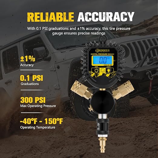 BUNKER INDUST 4 Tire Inflation Deflation System, Rapid High-Flow Air Up Down Kit with Digital Tire Pressure Gauge, 4 Wheels Off Road Tire Deflator Inflate-Up to 200" Wheelbase