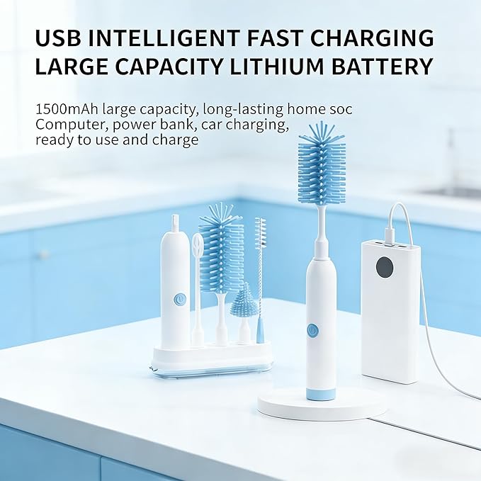 Rechargeable Electric Bottle Brush with Stand - 360° Spin Silicone Cleaner for Baby Bottles, Breast Pumps & Small Household Containers (Sea Blue)
