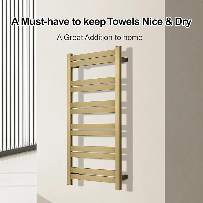 Electric Towel Warmer - Wall Mounted Bathroom Heated Towel Rack, Plug-in Design & Brushed Stainless Steel Finish Gold