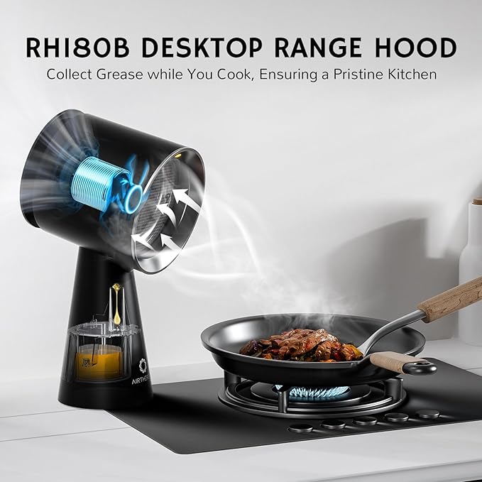AIRTHEREAL Battery Operated Desktop Range Hood, Rechargable Portable Range Hood with 3-Fan Speeds and Large Oil Collection Cup, Upgraded Portable Kitchen Exhaust Fan for RV Cooking